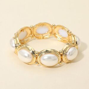 Gold Oval Pearl Cabochon Stretch Bracelet Cluster Elegant Bridal Formal Classic